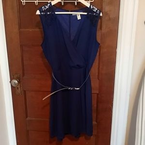 Dark blue dress with blue and gold belt, US 8/10
